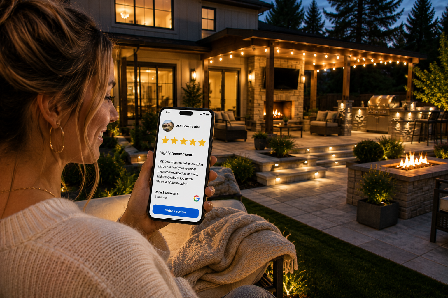 Homeowner on porch reviewing a 5-star Google review on phone