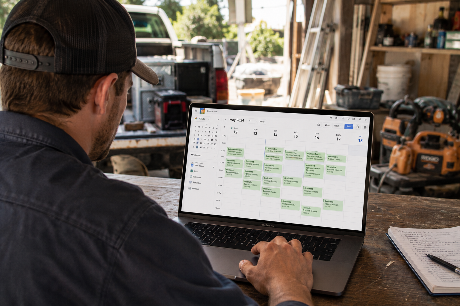 Contractor viewing a laptop calendar full of booked appointments